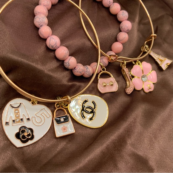 Set of 3 Handmade Pink Two Bangles One Beaded Bracelets - Picture 3 of 3